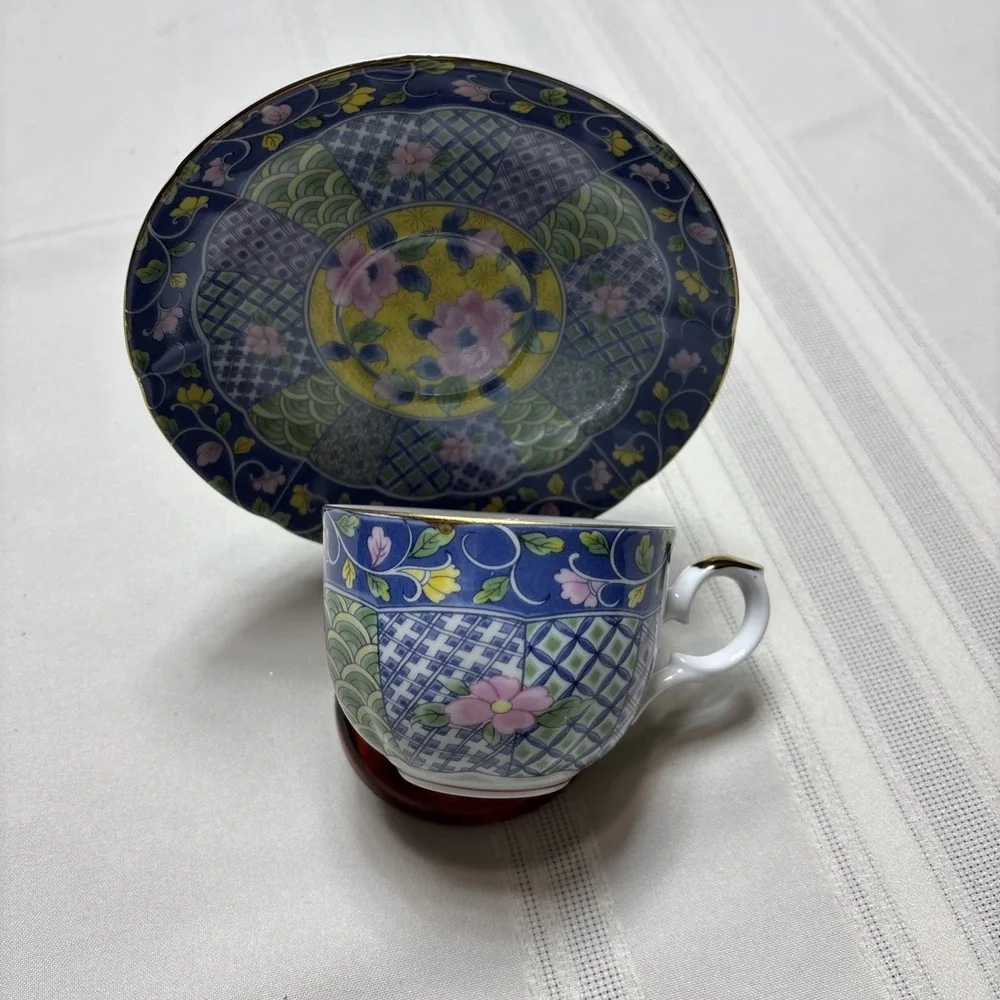 GUMP Botan Imari Tea Cup & Saucer Asian Blue Pink Green Yellow Floral